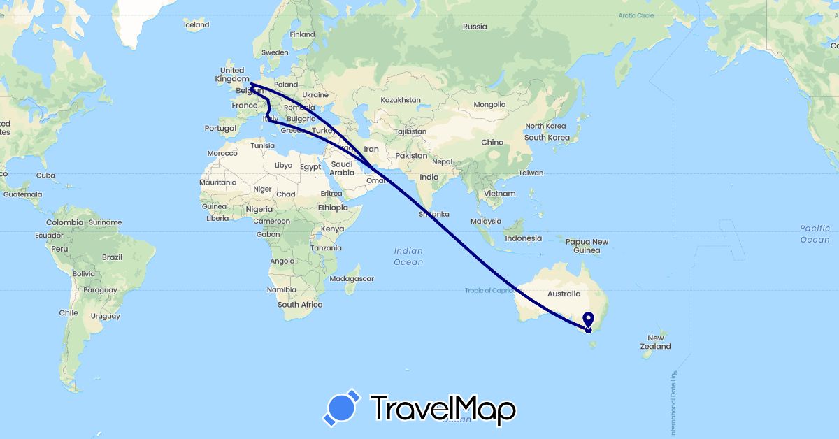 TravelMap itinerary: driving in United Arab Emirates, Australia, Belgium, Germany, Italy, Netherlands (Asia, Europe, Oceania)
